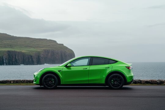 A vibrant green electric SUV parked on a coastal road with cliffs and ocean in the background under an overcast sky.