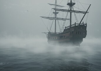 Fototapeta premium Galleon Ship Sailing in Foggy Sea A Dramatic Illustration