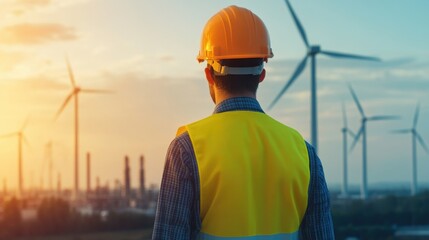 A worker in a safety vest and helmet observes wind turbines at sunset, highlighting renewable energy and sustainable power generation.