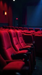 Close-up of plush theater seats, dim lighting, empty stage visible in background, suggesting a peaceful, pre-show or intermission atmosphere , lighting, tranquil