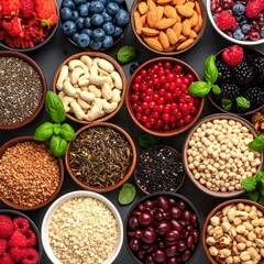 Assorted fresh berries nuts seeds and grains in bowls on dark background