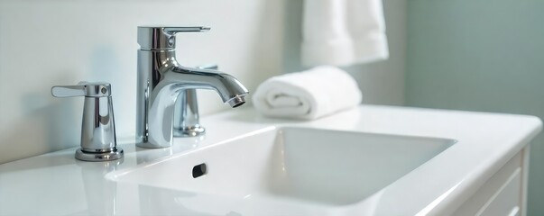 Close-up of pristine, sparkling bathroom fixtures; gleaming chrome faucets, spotless white sink, and a fluffy, white towel A picture of impeccable cleanliness and elegance , bathroom, design