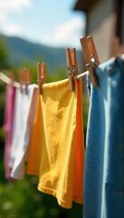 Close-up of freshly laundered clothes pins drying on a rustic clothesline, bathed in warm sunlight A charming display of simple domesticity and laundry day essentials , textile, line, sunlight