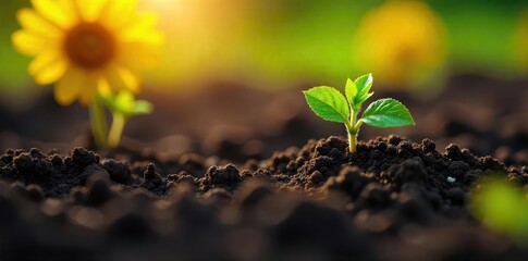 Close-up view of newly sown sunflower seeds in rich, dark soil, ready for spring planting  Sunlight illuminates the tiny seeds, promising a vibrant bloom ,  sunlight,  vegetable garden,  germination