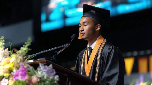 Graduation ceremony highlights with speaker wearing cap and gown in vibrant auditorium