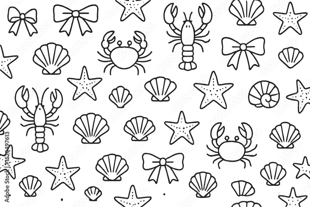 Poster unique pattern featuring sea creatures, shells, and bows on a white background for crafting and desi