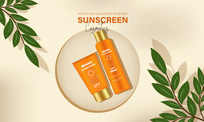 Sunscreen tube and bottle with leaves vector illustration, beauty cosmetics promotion template design, sunscreen cosmetics ad horizontal banner design.
