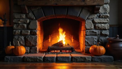 Cozy fireplace crackling merrily, casting a warm, inviting glow on a rustic stone hearth  Perfect for autumn or winter scenes, adding warmth and comfort to any design , red, home