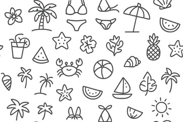 Colorful array of summer-themed doodles featuring beach elements, fruits, and aquatic life in a playful design