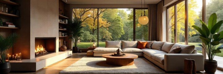 Cozy living room interior with comfortable sofa, fireplace, and large windows offering natural light  Perfect for relaxation and family gatherings ,  bohemian,  decor