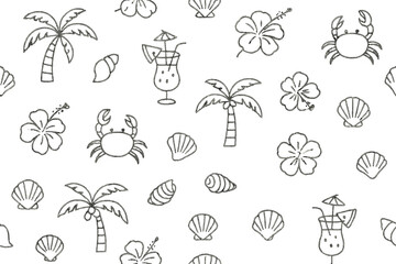 Tropical beach pattern featuring palm trees, flowers, crabs, and cocktails in a playful design