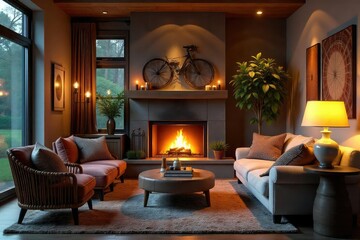 Cozy living room interior with comfortable sofa, fireplace, and warm lighting, perfect for relaxation and family time  Stylish decor adds to the inviting atmosphere , blanket, pattern