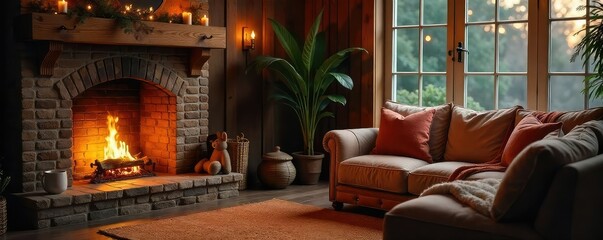 Cozy living room scene with a crackling fireplace, warm lighting, and plush throw blankets creating a relaxing atmosphere perfect for unwinding after a long day , atmosphere, sparks, warm