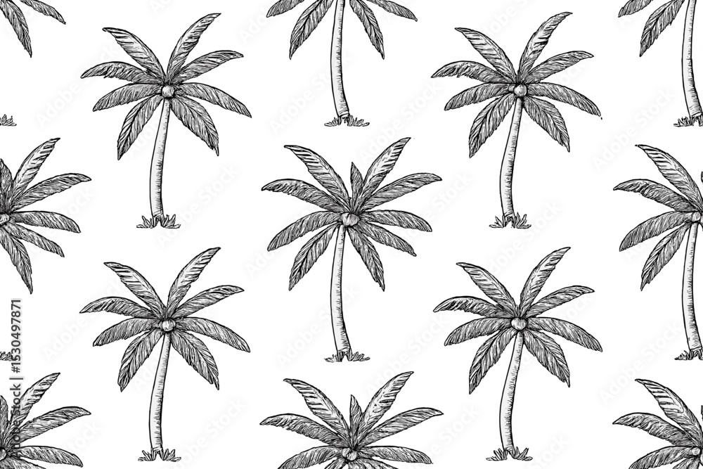 Poster tropical palm tree pattern with hand-drawn illustrations on a white background creating a relaxing c