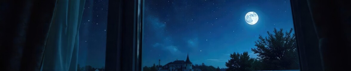 Dark, starlit night sky visible through a bedroom window, moonlight illuminating a portion of the ceiling  Perfect for relaxation, sleep, and celestial themes ,  ceiling,  tranquility,  universe