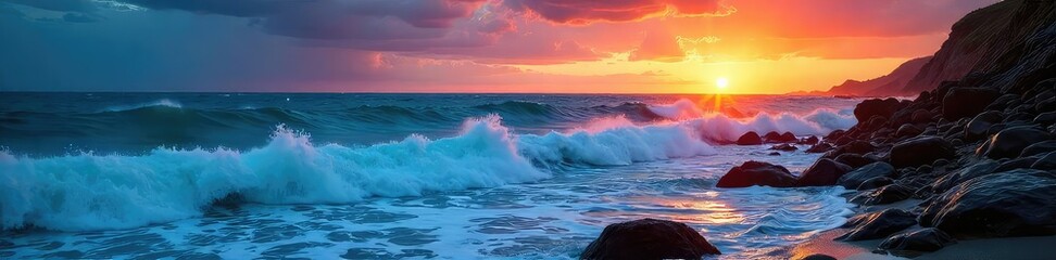 Deep, cerulean ocean waves crash against a rocky shore at sunset, the sky ablaze with vibrant hues  The scene evokes a sense of timeless power and serene beauty ,  sunset colors,  blue