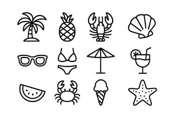 Summer beach icons featuring palm trees, seafood, and refreshing drinks in a fun and playful design