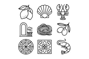 Culinary symbols representing Mediterranean cuisine and its vibrant flavors through illustrations of key ingredients and dishes