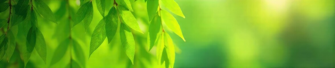 Delicate willow branches with vibrant green leaves, swaying gently in a summer breeze  Perfect for nature, spring, and tranquility themes ,  graceful,  airy,  peace