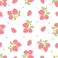 Seamless pastel pattern with hand-drawn strawberries, green leaves, hearts, and dots 