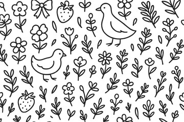 Colorful doodles of birds and flowers create a cheerful garden pattern in springtime