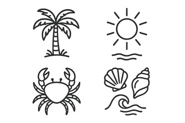 Illustrations of a tropical beach landscape featuring palm trees, sun, crabs, and seashells in a playful design