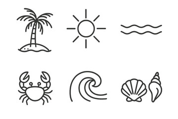 Illustrations of beach elements including palm tree, sun, waves, crab, and shells in a tropical setting
