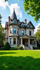 Elegant Victorian home with ornate detailing, large windows, and a lush green lawn  Perfect for real estate, historical architecture, or home design projects ,  landscaping,  ornate,  heritage