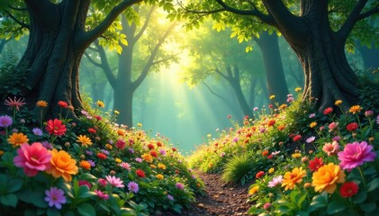 Enchanted floral forest, vibrant blooms carpet the woodland floor, sunlight dappling through leaves Lush greenery, magical atmosphere , enchanted, bright, greenery
