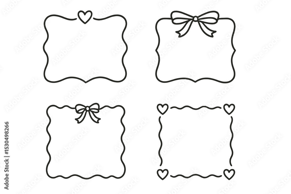 Poster simple line art frames with bows and hearts for decorative use in crafts and design projects
