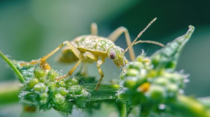 Naklejka premium A small green insect crawls on a green flowering plant