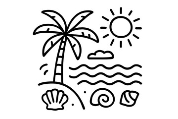 Relaxing beach scene featuring palm trees, ocean waves, and seashells under a bright sun