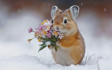 The pika carries small bunches of flowers