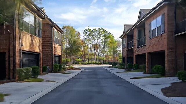 Row of Townhouses Featuring Brick Exteriors And Black Garages On A Residential Street Under a Blue Sky With Green Trees