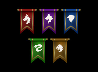fantasy rpg medieval banner flags, colorful set pennant game icon with dragon, wolf, eagle, snake, lion house clan heraldic symbol emblem