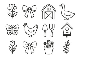 Farm-themed illustrations showcasing a variety of animals, flowers, and gardening tools in a playful and artistic style