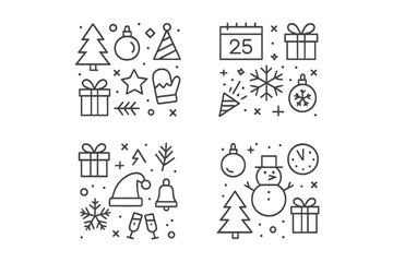 Christmas themed icons featuring trees, gifts, and snowmen in a festive pattern design for decorations