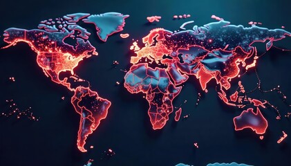 Global network connection visualized as glowing nodes and lines connecting across a world map, illustrating international communication and data flow ,  world,  connection,  worldwide network