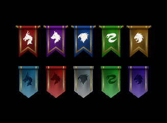 fantasy rpg medieval banner flags, colorful set pennant game icon with dragon, wolf, eagle, snake, lion house clan heraldic symbol emblem animal
