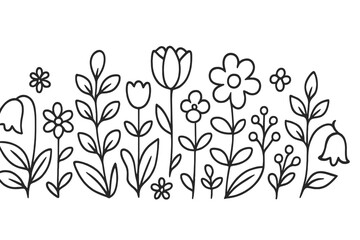 Floral patterns featuring various flowers and plants arranged in a decorative line art style for creative projects and designs