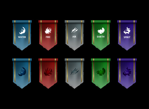 Fototapeta fantasy rpg medieval banner flags, colorful set pennant game icon with fire, water, air, earth, spirit elements symbol