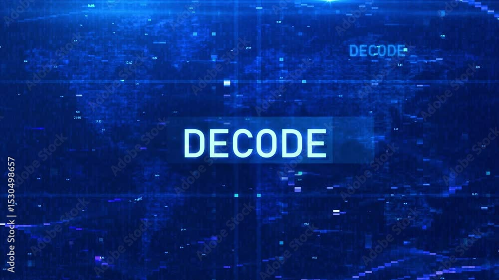 Poster animated glitch decode text over digital world map – cyber tech hud reveal