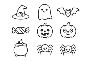 Halloween themed illustrations featuring a ghost, bat, pumpkin, and candy create a festive atmosphere for autumn celebrations
