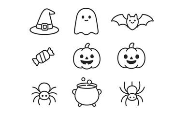 Halloween themed illustrations featuring a witch hat, ghost, bat, candy, pumpkins, and a cauldron, ideal for festive decorations and crafts