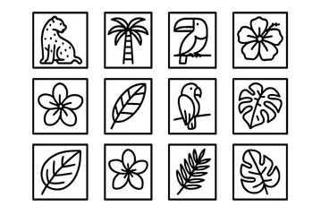 Wildlife and flora doodles featuring a leopard, toucan, and tropical plants in a simplistic design
