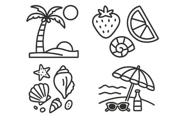 Colorful beach elements featuring palm trees, fruits, and seashells on a sunny day