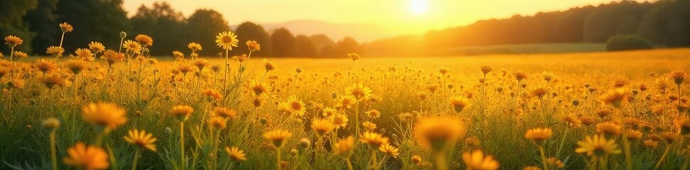 Fototapeta premium Golden sunlight bathes a vast field of wildflowers swaying gently in a warm summer breeze The vibrant colors and textures create a breathtaking scene of rural tranquility , natural, red