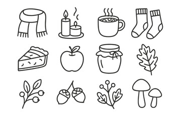 Cozy autumn elements featuring warm drinks, seasonal fruits, and comforting home decorations in a cozy indoor setting
