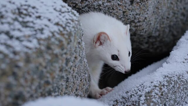 Curious winter weasel exploring snowy rocks