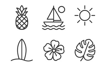 Tropical symbols representing summer activities and beach vibes with sun, sailing, and nature elements